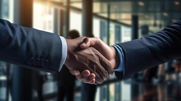 AI generated Business Partnership and B2B Handshake in Office for Collaboration, Trust, and Setup Deal Generative AI photo