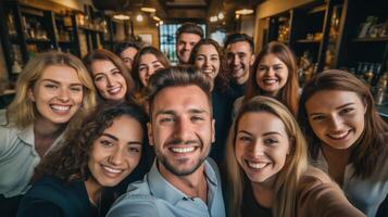 ai generado contento oficina equipo tomando un selfie generativo ai foto