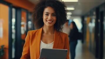 AI generated Black woman using tablet in office for technology, corporate, communication, or social media connection Generative AI photo