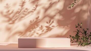 AI generated Pink podium for product presentation. Empty wall with window shadows, flowers and leaves. AI-generated content photo