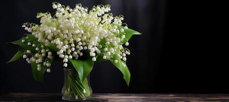 AI generated Bouquet of spring lily of the valley flowers on a dark background. Copy space.. AI-generated content. photo