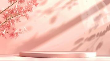 AI generated Pink podium for product presentation. Empty wall with window shadows, flowers and leaves. AI-generated content photo