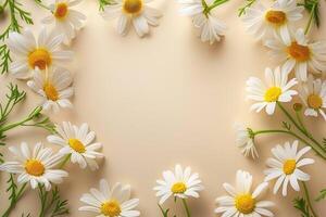 AI generated Frame of daisies, petals, leaves on a light yellow background. Flat lay, top view floral background. AI-generated content. photo