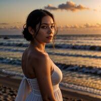 ai generado hermosa niña novia en un rosado blanco novio tul largo paseo vestido soportes en un ver playa. foto