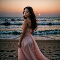 ai generado hermosa niña novia en un rosado blanco novio tul largo paseo vestido soportes en un ver playa. foto