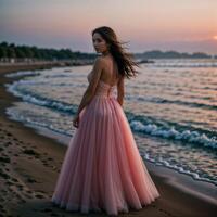 ai generado hermosa niña novia en un rosado blanco novio tul largo paseo vestido soportes en un ver playa. foto