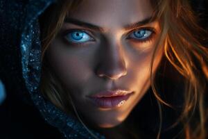 AI generated Striking Blue Eyes of Woman Captured at Dusk with High End DSLR and Prime Lens in Color Rich Style photo