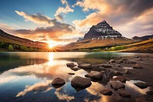 ai generado sereno montaña lago amanecer capturado con amplio ángulo lente en temprano Mañana foto