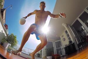 AI generated Dynamic Fitness Model in Action Captured with Action Camera and Fisheye Lens photo