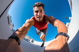 AI generated Dynamic Fitness Model in Action Captured with Action Camera and Fisheye Lens photo