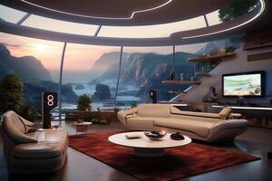 AI generated Futuristic Living Room with High-Tech Entertainment and Smart Home Integration photo