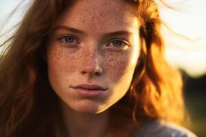 AI generated Candid Teenager with Freckles in Playful Evening Light Captured with Compact Camera photo