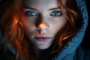 AI generated Striking Blue Eyes of Woman Captured at Dusk with High End DSLR and Prime Lens in Color Rich Style photo