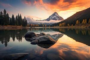 AI generated Serene Mountain Lake Sunrise Captured with Wide Angle Lens in Early Morning photo