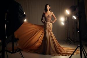 AI generated Elegant Evening Gown in High Fashion Photoshoot with Glamorous Model on Glossy Fashion Film photo