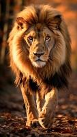 ai generado majestuoso león tomando el sol en dorado hora en el africano sabana. majestuoso fauna silvestre, radiante puesta de sol. foto