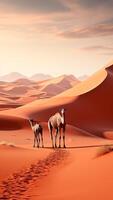 ai generado camellos viajando mediante interminable Sáhara desierto. exótico aventura, duro desierto, majestuoso playa. foto