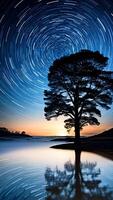 AI generated Landscape with a Silhouette of a Tree and a Star Trail. Captivating Night View, Astronomy and Nature Concept. photo