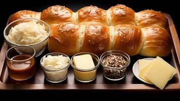 AI generated Delicious Freshly Baked Bread Rolls with Creamy Butter and Gourmet Cheese on Rustic Wooden Board. photo