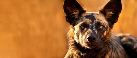 AI generated African Wild Dog Resting the Expansive Savannah. Untamed Wilderness, Dynamic Predator. Copy space. photo