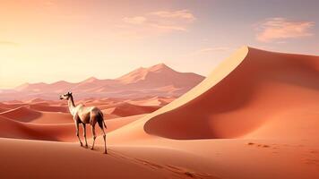 AI generated Camel Journeying Through Endless Sahara Desert. Exotic Adventure, Harsh Wilderness, Majestic Sands. photo