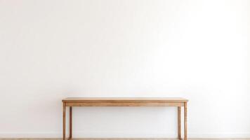 AI generated Wooden Table in Front of a White Wall. Minimalist Decor. Mockup. Interior Design Inspiration and Ideas. photo
