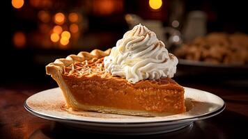 AI generated Piece of Homemade Savory Pumpkin Pie Topped with Whipped Cream on a Table Setting. photo