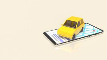 el amarillo coche en móvil teléfono para aplicaciones o transporte concepto 3d representación. foto