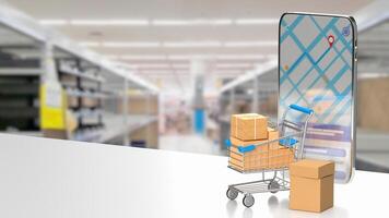 The shopping trolley and mobile phone for online market concept 3d rendering. photo