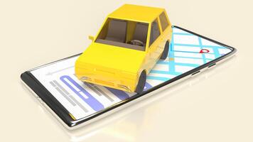 el amarillo coche en móvil teléfono para aplicaciones o transporte concepto 3d representación. foto