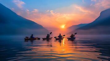 ai generado siluetas de kayakistas planeo a través de un sereno lago, tomando el sol en el calentar resplandor de un brumoso montaña amanecer foto