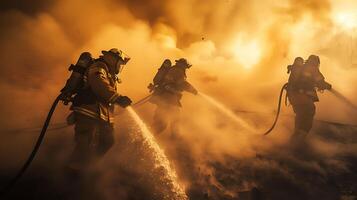 ai generado bomberos batalla un masivo resplandor con poderoso mangueras, en medio de un dramático explosión de llamas y chispas foto