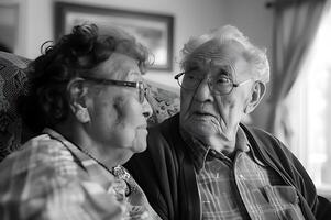 AI generated A black and white photograph capturing a tender moment between two elderly individuals, reflecting a lifetime of shared experiences photo