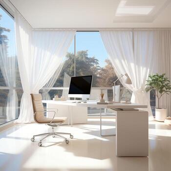 AI generated Bright and Airy Home Office with Sheer Curtain Drapes. Generative AI photo