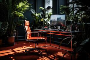 AI generated Sleek Home Office with Jungle Vibes and Orange Accents. Generative AI photo