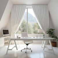 AI generated Minimalist Home Office with Mountain View and Natural Light. Generative AI photo