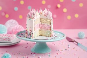 AI generated fancy rainbow cream cake on pastel background photo