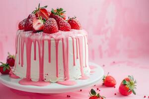 AI generated strawberry cake on pastel background photo