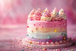 AI generated fancy rainbow cream cake on pastel background photo