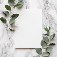 AI generated blank note paper card mock up on marble background with leaf decoration photo