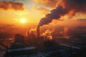 ai generado sucio aire contaminación fumar desde fábrica Chimenea puesta de sol hora fábrica emisión foto