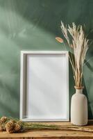 AI generated blank canvas frame template with dry flowers in vase on olive green wall mockup photo