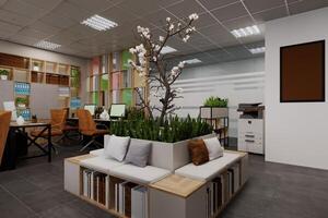 a 3d scene of an office that seamlessly blends with nature photo