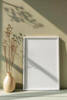 AI generated blank canvas frame template with dry flowers in vase on olive green wall mockup photo