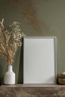 AI generated blank canvas frame template with dry flowers in vase on olive green wall mockup photo