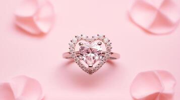 AI generated top view close up rose gold engagement heart shape diamond ring on pink background photo