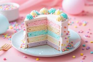 AI generated fancy rainbow cream cake on pastel background photo