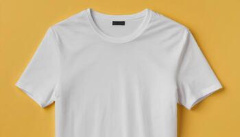 AI generated plain white t-shirt mockup isolated on soft yellow background photo