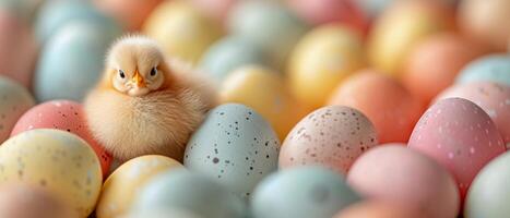 ai generado amarillo polluelo es rodeado por Pascua de Resurrección huevos en suave pastel matices bandera con Copiar espacio. ai generado foto