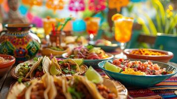 ai generado tradicional mexicano banquete, Fresco tacos, cinco Delaware mayonesa, vibrante festivo mesa decoración, ai generado foto